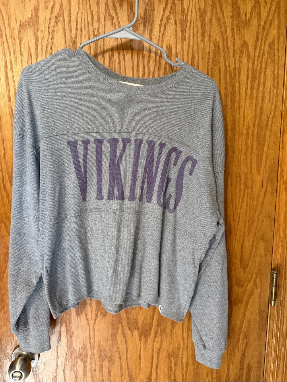 47 Brand Gray Long Sleeve Tee with Purple Vikings Graphic